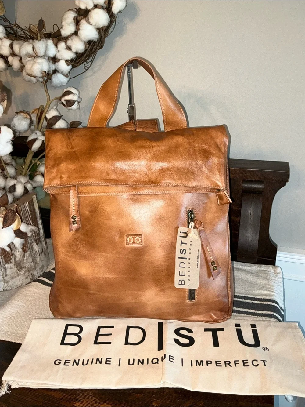 NWT Bed Stu Leather Unisex Howie Flapover Leather Backpack Tan Rustic MSRP $345